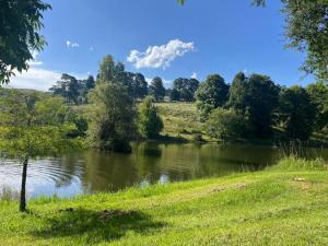 um corpo de água com árvores e um campo de relva em Lalamanzi Trout Cottage - Solar Powered em Underberg