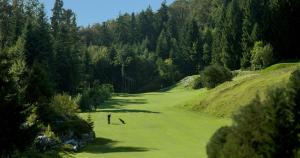 a person standing on a golf course in a field at Bürgenstock Hotels & Resort - Taverne 1879 in Bürgenstock