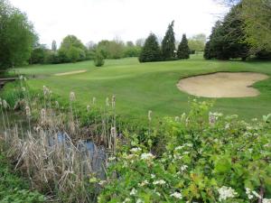 a view of a golf green with a pond at Manor Of Groves Hotel, Golf & Health Club in Sawbridgeworth