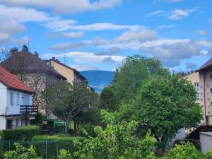 une ville avec une montagne en arrière-plan dans l'établissement Krkonošská Chaloupka Srdcovka, à Vrchlabí