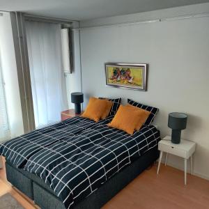 um quarto com uma cama com almofadas azuis e laranja em Studio Linnankatu 25 em Savonlinna