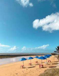 una fila de sombrillas azules en una playa de arena en Contêiner 10 Hospedagem en Serra