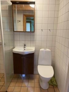 a bathroom with a toilet and a sink at Paradis in Hörby