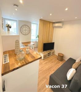 a living room with a couch and a tv at Les Appartements du Vieux Port in Marseille