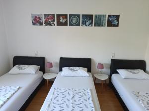 duas camas num quarto com fotografias na parede em DreamHouse em Jajce