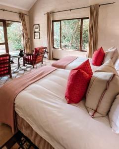 um quarto com uma cama grande e almofadas vermelhas em Fugitives Drift Guest House em Rorkeʼs Drift