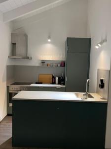 cocina con nevera verde y fregadero en Ferienhaus Auszeit mit Sauna en Schwarz