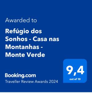 תעודה, פרס, שלט או מסמך אחר המוצג ב-Refúgio dos Sonhos - Casa nas Montanhas - Monte Verde