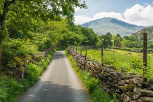 ベズゲレルトにあるSygun Fawr Country Houseの石壁と山を背景とした道路