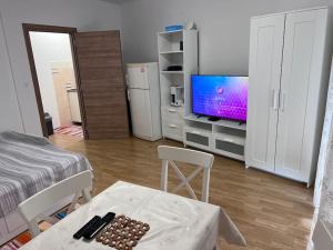 sala de estar con mesa y TV en Comfy apartment Premantura, en Premantura