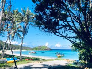 una spiaggia con palme e barche in acqua di Thuyền Xưa Homestay Đảo Phú Quý a Cu Lao Thu