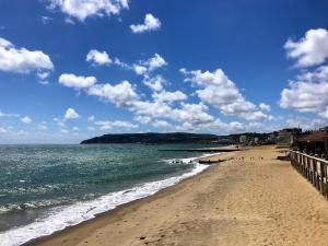 een strand met mensen die op het zand en het water lopen bij Colonels House in Sandown