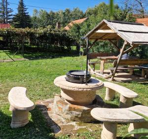 una hoguera en un patio con mesa y bancos en Bagolyvár vendégház, en Magyarszombatfa