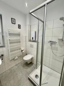 uma casa de banho com um WC e uma cabina de duche em vidro. em MEINpartments - Modern Business Apartment em Wolfsburg