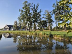 ein Haus am Ufer eines Flusses in der Unterkunft Natural Hotel w Rezerwacie przy plaży na wyspie in Ostróda