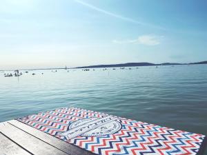 un tapete sentado en un muelle en el agua en BALATON A KERTBEN - Beachfront houses with beautiful view, private beach en Balatonfenyves