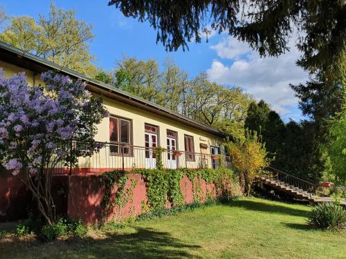 een oud huis met een hek en paarse bloemen bij Záruby Resort in Smolenice