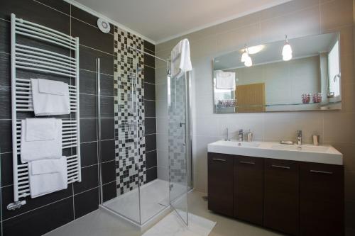 a bathroom with a sink and a shower with a mirror at Apartments Benedičič in Bled