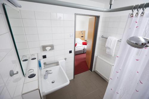 y baño con lavabo y ducha. en Hotel Haus vom Guten Hirten, en Münster