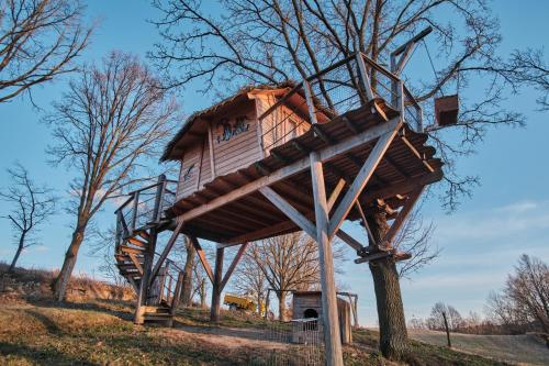 uma casa na árvore sentada em cima de uma árvore em Treehouse Křemílek em Jesenice