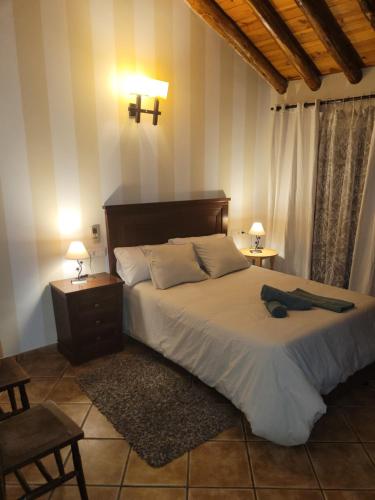 a bedroom with a large bed with two tables and two lamps at Habitaciones La Flamenka in Ronda