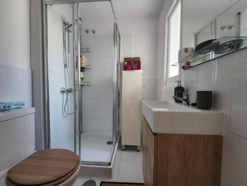 een badkamer met een douche, een toilet en een wastafel bij Tranquility studio apartment in Málaga