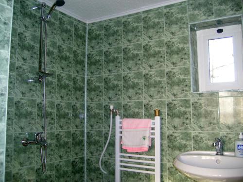 ein grün gefliestes Bad mit einem Waschbecken und einer Dusche in der Unterkunft Holiday Home Life in Trjawna