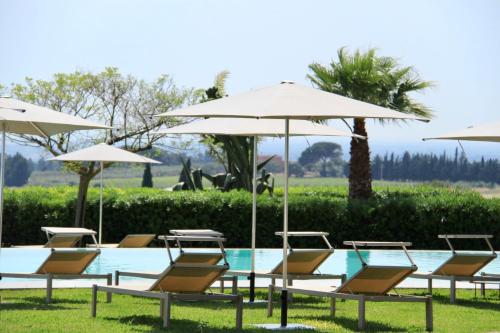 - un groupe de chaises longues et de parasols à côté de la piscine dans l'établissement Masseria del Carboj, à Menfi