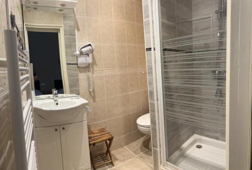 e bagno con servizi igienici, lavandino e doccia. di Hotel du Lion d'Or a Rocamadour