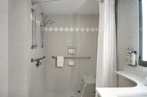 a white bathroom with a shower and a sink at Holiday Inn Express Marietta - Atlanta Northwest, an IHG Hotel in Marietta