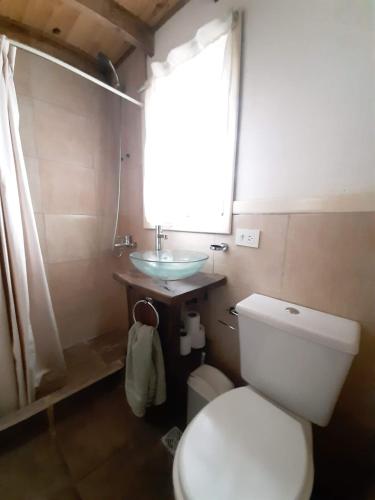 uma casa de banho com um WC branco e um lavatório. em Titania Traful em Villa Traful