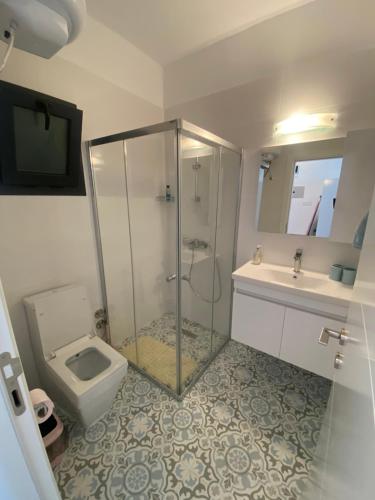 La salle de bains est pourvue d'une douche, de toilettes et d'un lavabo. dans l'établissement Caesar Resort - Studio Apartments, à Iskele