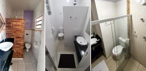 een badkamer met 2 toiletten en 2 wastafels bij Pousada Parcel das Ilhas in Barra do Sahy