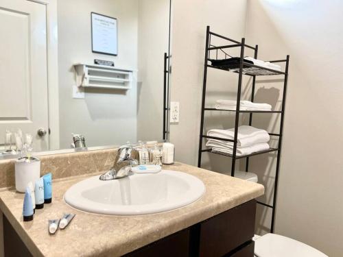 y baño con lavabo, aseo y espejo. en NEW! Luxury Apt, 5 min from Mall, Airport, & Dine! en McAllen