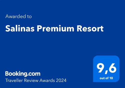 Un certificat, premiu, logo sau alt document afișat la Salinas Premium Resort