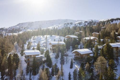 una vista aérea de un complejo en la nieve en Naturchalets Turracher Höhe by ALPS RESORTS, en Turracher Höhe