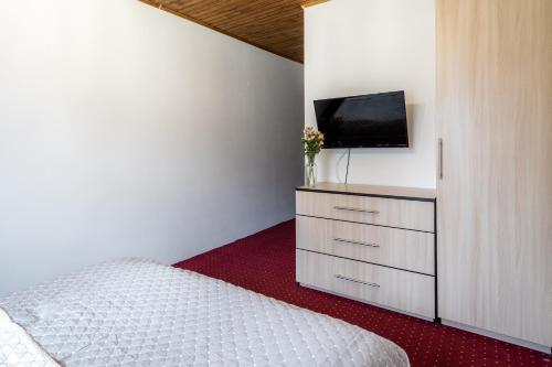 1 dormitorio con 1 cama y vestidor con TV en Pipash, en Dragobrat