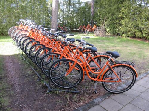 une rangée de vélos orange garés l'un à côté de l'autre dans l'établissement Gästhem Kronan, à Mariehamn