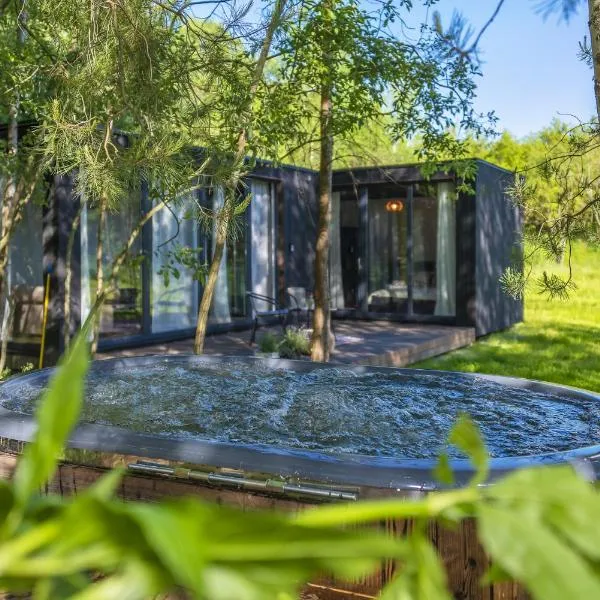 Modern and specious riverside cabin with hot tub, hotel en Družai