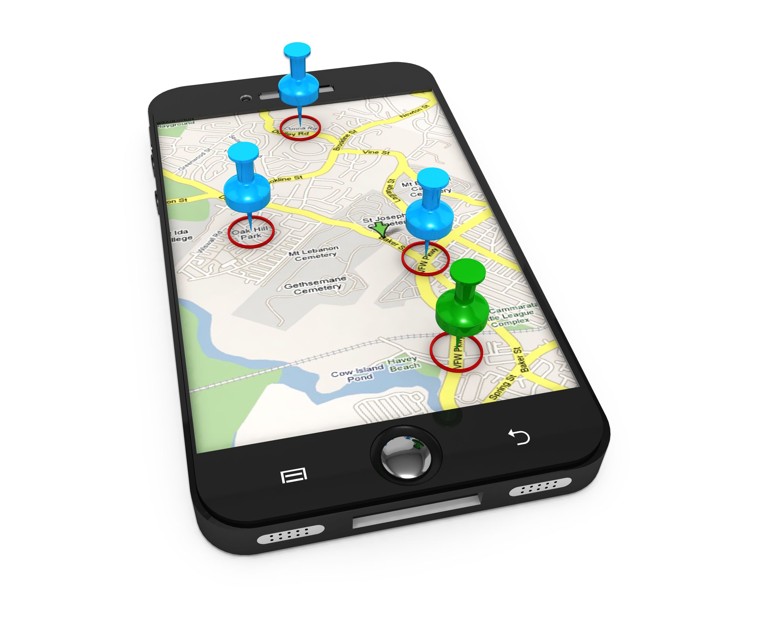 3D Graphic Of Map On Mobile With Clipart Pins Stock Photo.