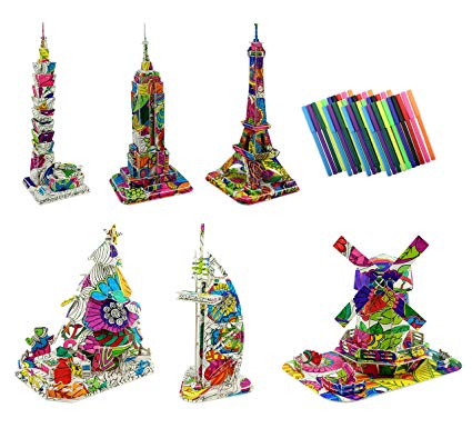 3D Coloring Puzzle Set, 6 DIY Models with 40 Markers Including Eiffel  Tower, Empire State Building, Christmas Tree, Etc..