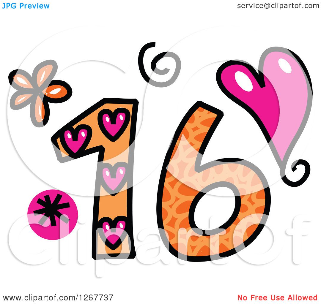 Clipart of a Colorful Sketched Patterned Number 16.