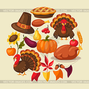 Happy Thanksgiving Day greeting card with objects.