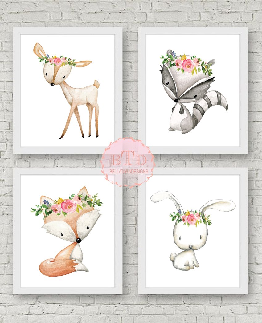 Woodland Deer Fox Bunny Rabbit Raccoon Wall Art Print Woodland Boho  Bohemian Floral Nursery Baby Girl Room Set.