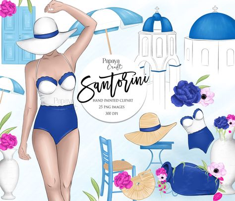 Santorini, Vacation Clipart, Beach Clipart, Summer Fashion.