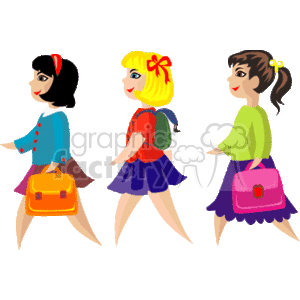 Three Girls Walking to school clipart. Royalty.