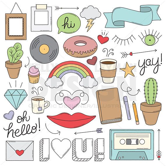 Doodle Retro objects, Hand drawn Clip Art Set, Trendy Retro.