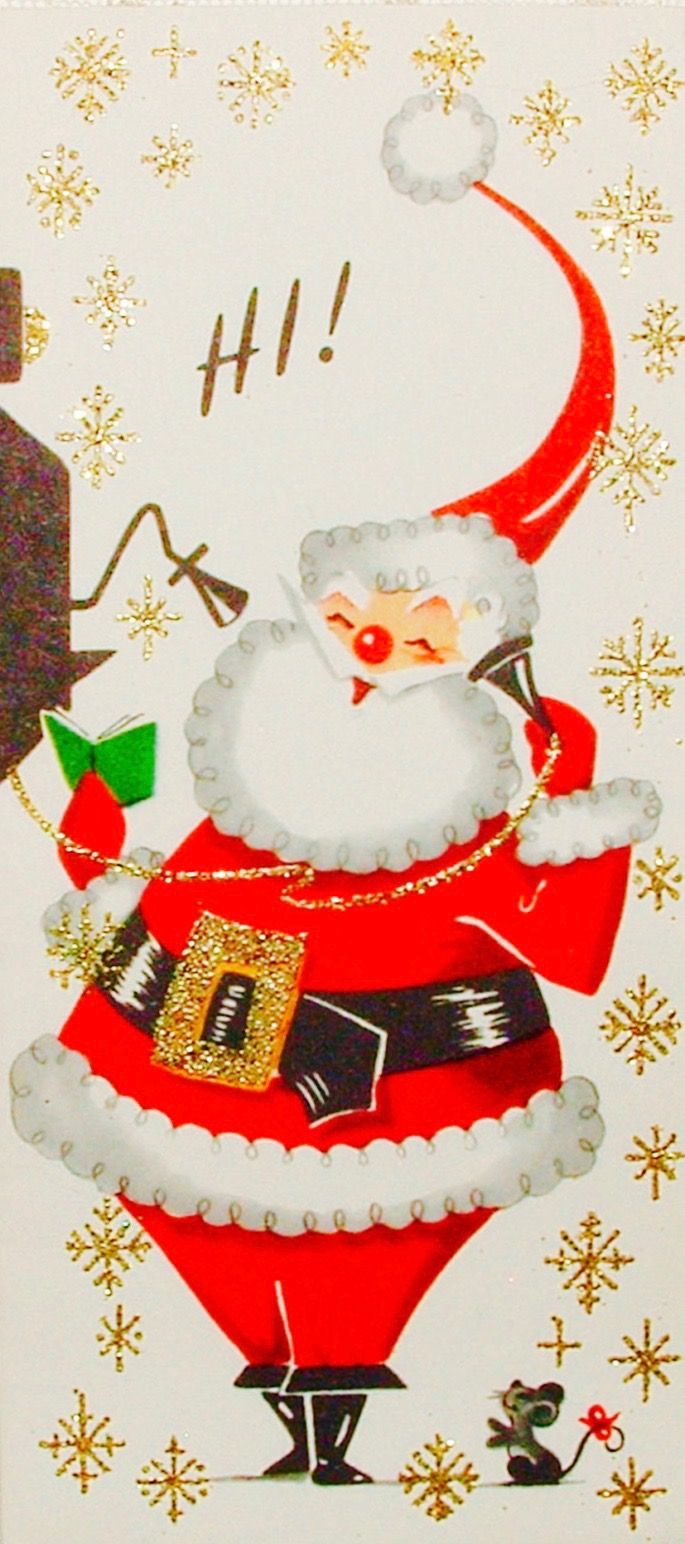 Santa on the phone. Retro Christmas card. Vintage Christmas.