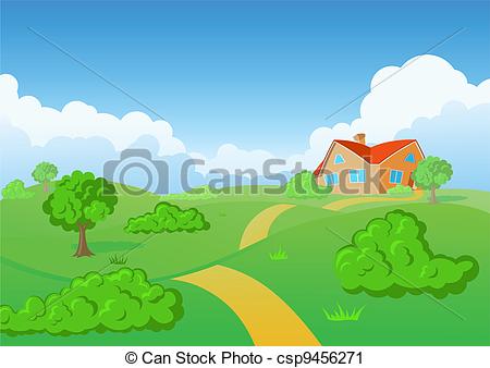 Vector Clip Art of Countryside House. Green meadow..