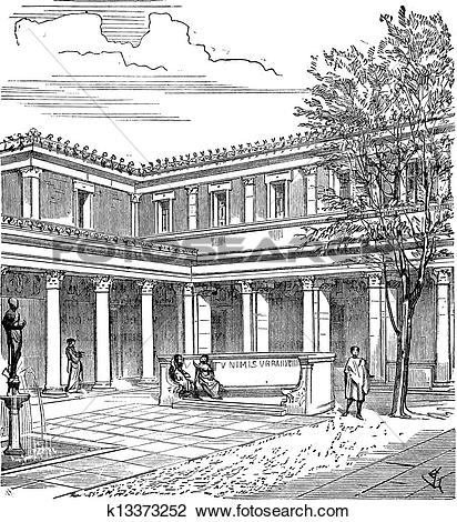 Clipart of Courtyard of a Roman House, vintage engraving k13373252.